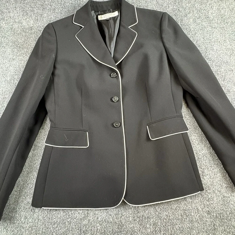 Tahari Arthur S Levine Womens 6P Black Blazer White Piping Preppy Career Office‎
